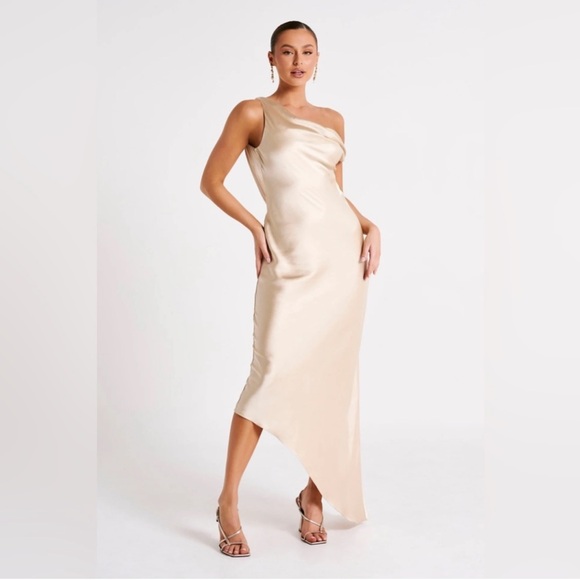 NEW Meshki Gold Satin Asymmetrical Draped Low Back Maxi Slip Dress, Size S & L - Picture 1 of 13